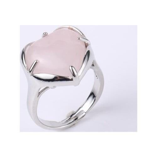 FYJS Unique Silver Plated Love Heart Natural Rose Pink Quartz Resizable Finger Ring Romantic Style Jewelry