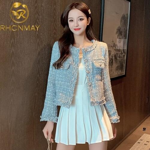 Autumn Designer Classic Tweed Short Jackets Coat Women Single Breasted Button Casual Outerwear Coats Lady Girl