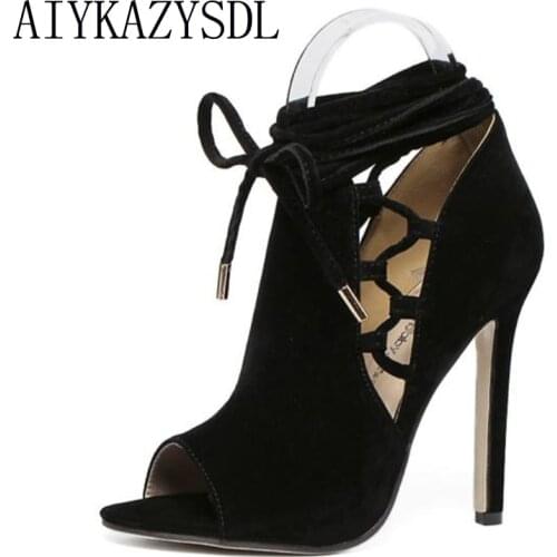 AIYKAZYSDL zapatos mujer Ribbon Open Toe Ankle Boots Spring Summer Flock Cross Tied Stiletto Pump High Heel Party Rome Shoes