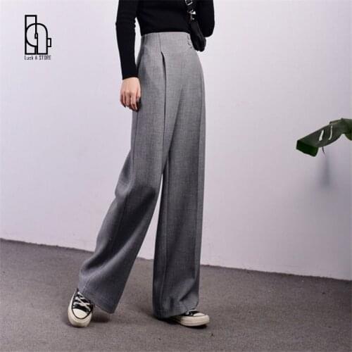 Luck A Womens Wide Leg Pants High Waist Zipper Pocket Long Trousers Spring Autumn Female 2021 Fashion Office Lady Clothing