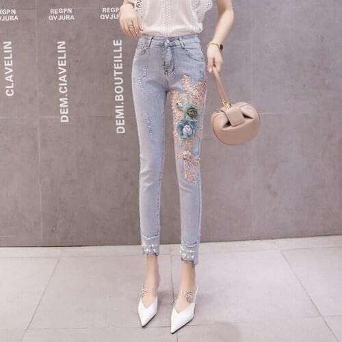 Women Skinny Pencil Pants 2020 Summer 3D Flower Embroidery Pearl Beading High Waist Elastic Denim Jeans Long Trousers Light Blue