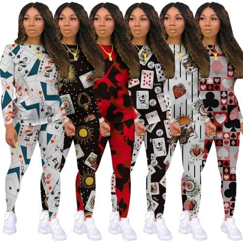 25M1116 Autumn Winter Women Casual Sports Fashion Poker Print Two Piece Set Top and Pants Tracksuit Sweatsuit Outfits