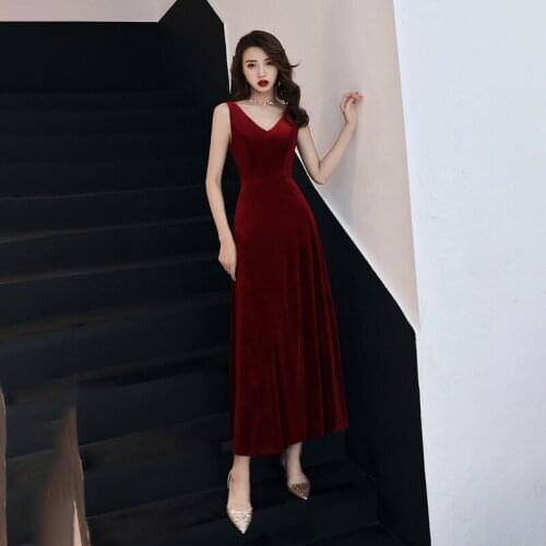 Special Occasion Dress Vintage V-Neck Sleeveless Luxury Burgundy Satin A-Line Backless Floor-Length Elegant Lady Prom Gown E1047