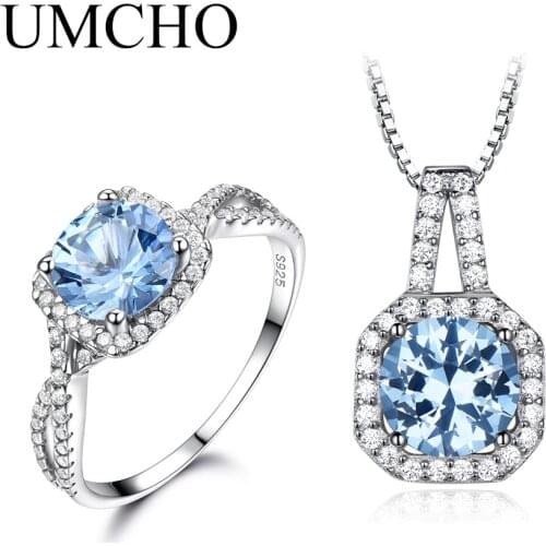 UMCHO 925 Sterling Silver Jewelry Round Created Sky Blue Topaz Set Ring Necklaces & Pendants For Women Wedding Party Gift
