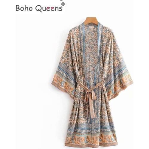Boho Queens women florals print bat sleeve beach Bohemian Kimono robe Ladies V neck Tassel Summer Boho dress vestidos