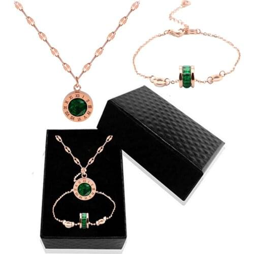 316L Stainless Steel Roman Numerals Green Zircon Bracelet Necklace Set Wedding Frosted Jewelry Set