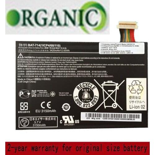 7.4V 3420mAh 12.65wh BAT-714 Laptop Battery For Acer Iconia Tab A110 Tablet PC KT0010G001 1ICP4/68/110