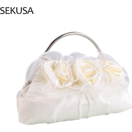 Satin Women White Color Evening Bags Flower Handle Soft Day Clutch Party Wedding New Arrival Handbags