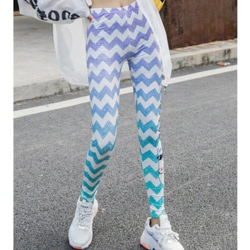 2021 New Women Fashion Skinny Blue Patchwork Printing Striped High Elastic Waist Pencil Pants Spring And Autumn X388