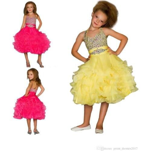 Halter Beading Child Glitz Little Girls Pageant Dresses Organza Cascade Mid-calf Little Girls Short Pageant Dress