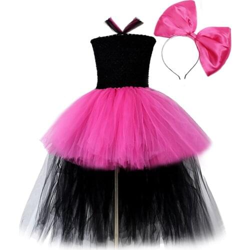 Hot Pink Black Long Princess Dress for Girls Birthday Halloween Costumes for Kids Tutu Dresses with Train Teenage Girls Clothing