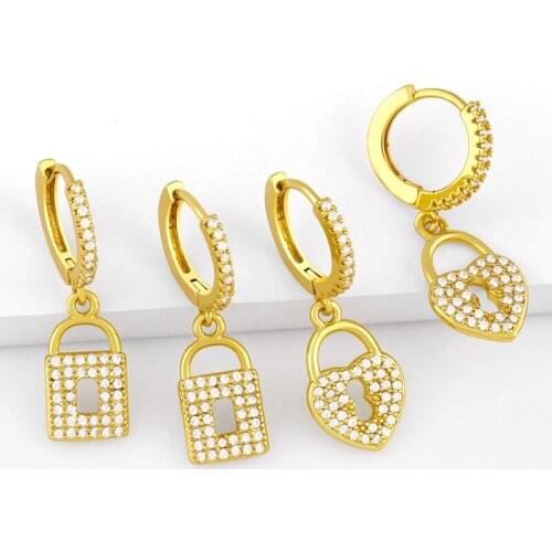FLOLA Small Heart Padlock Earrings For Women CZ Rhinestone Lock Dangle Earrings Cubic Zirconia Huggie Gold Plated Jewelry ersx03