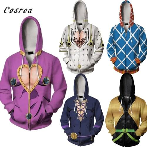 Hot Anime Jojo Bizzare Adventure Cosplay Zipper Hoodie Sweatshirt Wholesale Jojos Cloth Jacket Mens Halloween Costume Coat