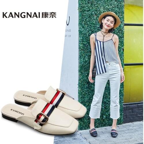 KANGNAI Mules Shoe Women Genuine Leather Slippers Woman Buckle Decoration Square Toe Outdoor Slide