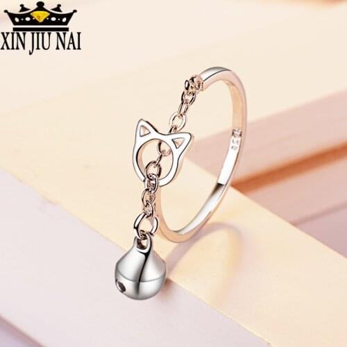 New Fashion Silver Copper Hollow Cat Open 925 Ring With Bell Pendant Charm Chain For Women Girl Lovely Cute Animal Jewelry Gift