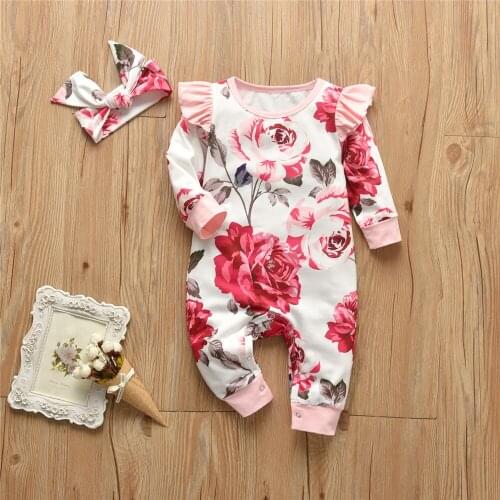 Newborn Infant Baby Girls Romper Clothing With Headband Stylish Fly Sleeve Jumpsuit Floral Playsuit For Little Girl Clothes