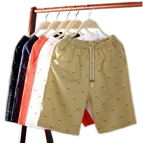 Summer Mens Cotton Casual Shorts Men Drawstring Elastic Waist Beach Running Shorts Fishbone Printed Short Pants Male Clothing