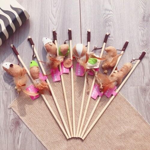 2021 Hot Sell Interactive Cat Toys Stick Teaser Feather Linen Wand Cat Catcher Teaser Wood Rod Mouse Toy