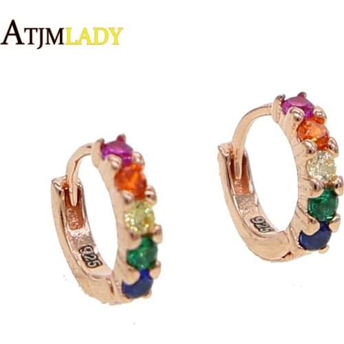 925 Sterling Silver Cute cz Earring Rose gold Color CZ Rainbow Hoop Earrings For girl women New delicate tiny Fashion Jewelry