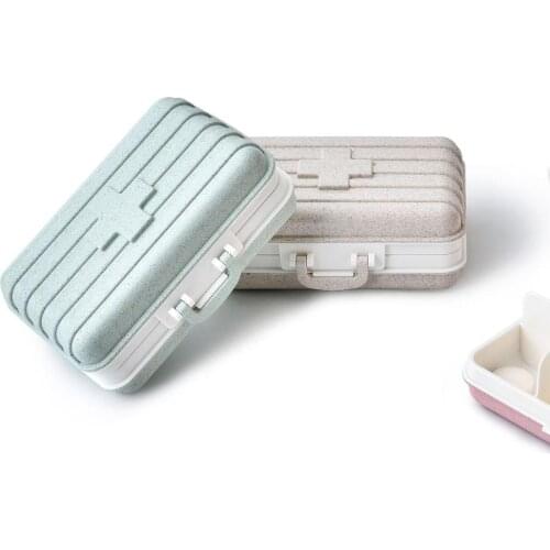 Mini Travel Pill Box Storage Case Pill Case Suitcase Wheat Straw 6 Grids Pill Tablets Box Jewelry Storage Case Tablet Dispenser