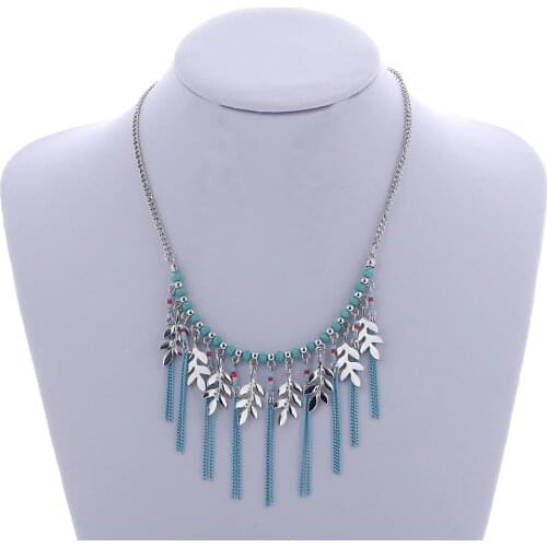 Fashion Leaf Shape Necklace Blue link Chain Drop Tassel Necklaces Women Crystal Beads Jewelry