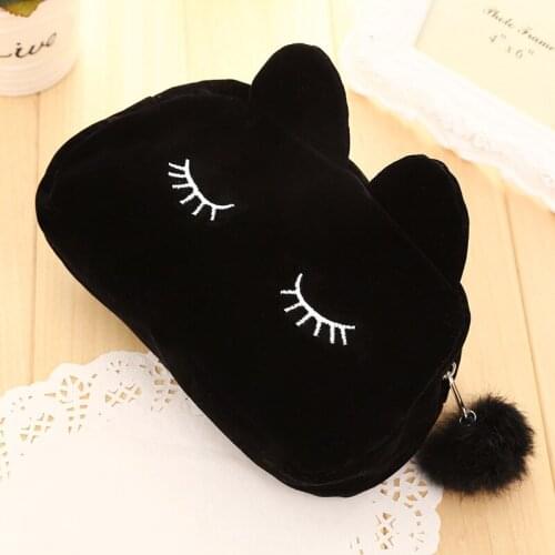 Kawaii Fur Ball Velvet Cat Pencilcase Large Capacity Zipper Pencil Case School Supply Stationery Woman Cosmetic Makeup Hand Bag