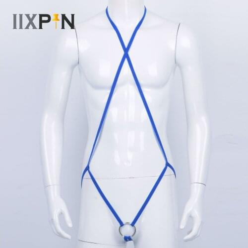 Mens Erotic Lingerie Halter Neck Slingshot Thong G-strings Underwear Jockstraps Sexy Open Crotch Lingerie with Penis O-ring