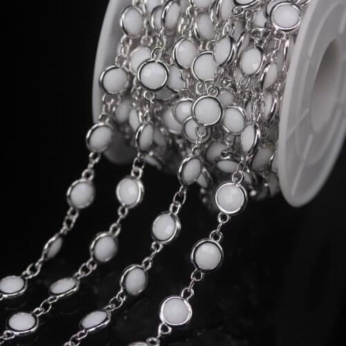 NEW! 3Meter/Lot 6mm Plated Silver Brass Faceted K9 Optical White Glass Coin Bead Rosary Chains,Flat Round Beaded Necklaces