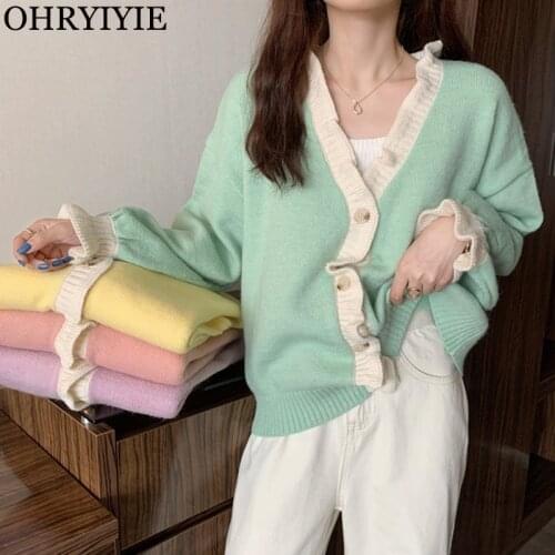 OHRYIYIE V-neck Sweet Long Sleeve Cardigan Women Korean Style Cute Sweaters and Cardigans Female Loose Autumn Knitwear Clothes