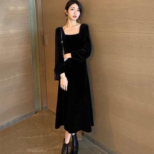 Autunm women long sleeve Hepburn Style Square Neck Black velour Dress,Elegant luxury Winter velvet party dress plus size M-6XL
