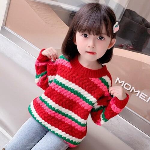 Toddler Kids Girl Autumn Colorful Striped Sweater Korean Fashion Long Sleeve Round Collar Pullover Tops 2-7 Years Kids Sweaters