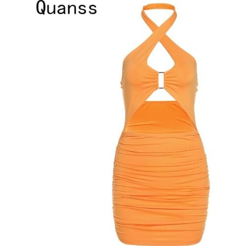 Quanss Summer Sleeveless Halter Sexy Cut Out Dress Women 2021 Fashion Backless Streetwear Mini Dress Club Party Bodycon Vestido