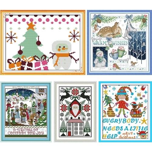 Joy Sunday Stamped Cross Stitch Kits Christmas Snowman Fawn 14CT 11CT Counted Handmade Embroidery Needlework Accessory Gift Sets