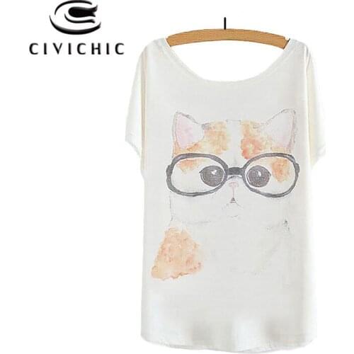 CIVI CHIC Summer Bat Sleeves Loose Tshirt Lovely Cat Glasses Print Women Tees Cute Girl Tops Shirt O Neck One Size T-shirt WST58