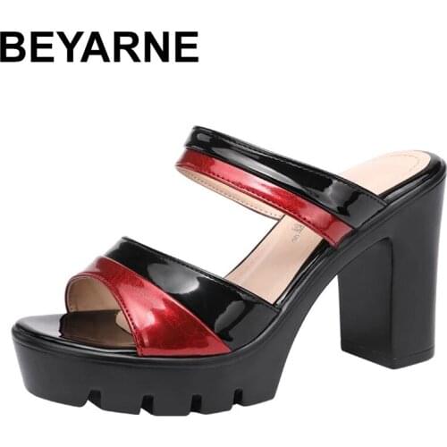 BEYARNE Patent Leather Platform Slides 2021 Summer Shoes Peep Toe Elegant High Heels Slippers Women Party Office Footwear