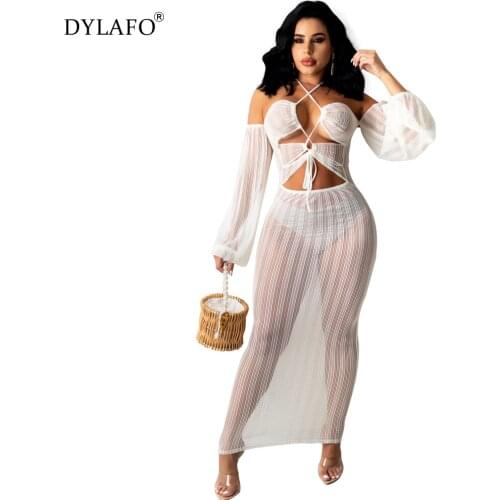 Sexy Sheer Personality Mesh See Through Dress Long Sleeve Slash Neck Lace Up Bodycon Dresses Nightclub Lady Party Novelty Robes