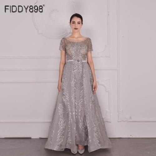 Short Sleeve Evening Gowns Long Grey Formal Dress Crystal Beaded Women Party Wear Wedding Guest Dresses Vestidos De Noite