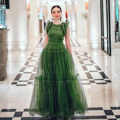 Gorgeous Green Ruffled Tulle Evening Dresses Ball Gown Long A Line High O-Neck Sleeveless Layered Puffy Floor Length Prom Gowns