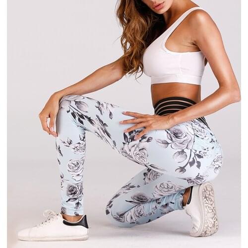 Women Sport Tights Fashion Sports Seamless Leggings Casual Rose Pocket Print Women Sport Tights High Waist Yoga Pants Female