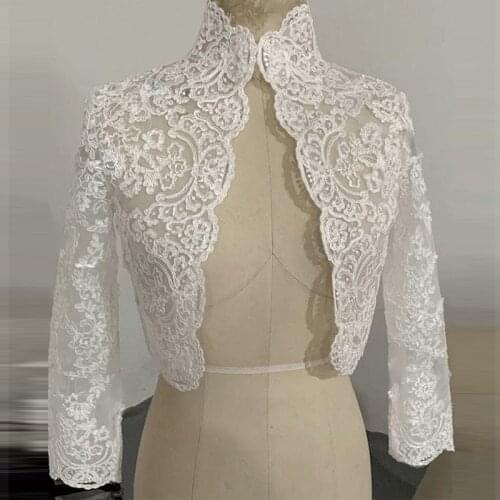 Lace Long Sleeve High Neck Jacket Flower Edge Ivory Bolero Bride Jacket Appliqued for Woman Temperament Wedding Prom Boleros