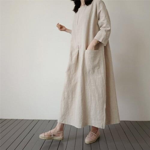 Johnature 2021 New Vintage Japanese Cotton Linen Loose Women Clothes Long Dresses Summer Autumn O-neck Wrist Sleeve Dress