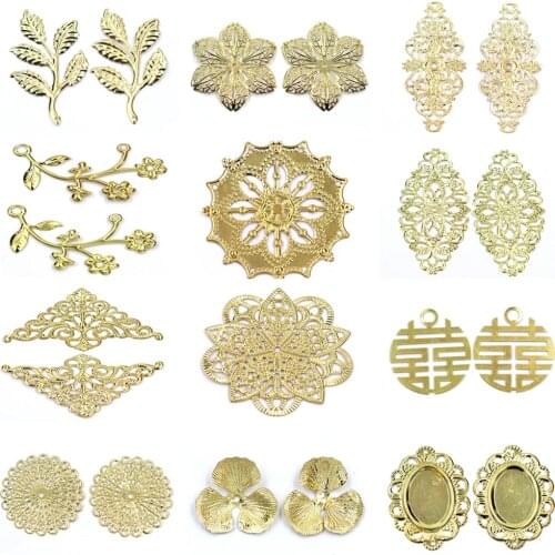 10Pcs Connectors For Embellishments Filigree Flower Leaf Double Luck Pendants Wraps Crafts Gold Plated Jewelry DIY Accessories