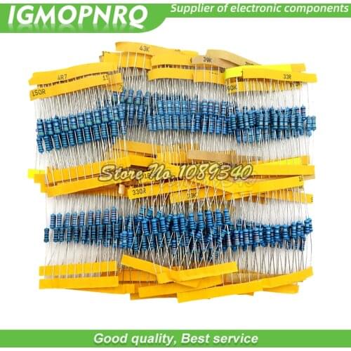 1100pcs/lot 1/2W 1M Metal Film Resistor Assorted Kit 1R/2.2R/3.3R/4.7R/100R/100K/470K/10M/1M/2M ohms Metal Film Resistors Set