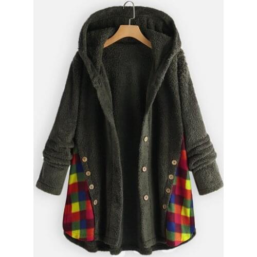 2021 Winter New Plush Patchwork Plaid Hooded Single-breasted Ladies Plush Irregular Jacket Manteau Femme Qm