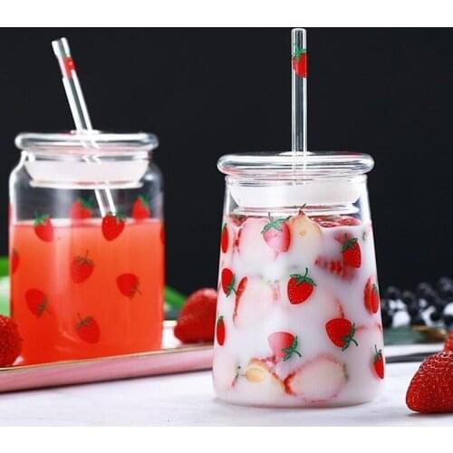 600/650ml Strawberry Glass Water Cup Large Capacity Cute Milk Juice Cups Breakfast Home Office Water Bottle with Lid Drinkware