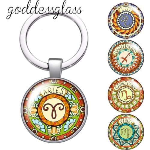 12 constellations Retro style Zodiac Signs round glass cabochon keychain Bag Car key chain Ring Holder Charms keychains Gifts