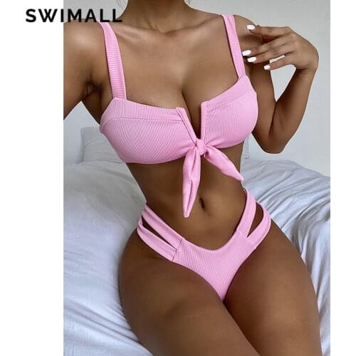 Sexy Ribbed Bikini 2021 New V-neck Swimsuit Female Push Up Swimwear Women Two-piece Bikini Set Knot Bathing Suit Beach Wear