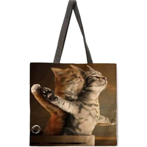 Reusable shopping bag Cat Story Lady Fashion Beach Bag Shoulder Bag Linen Fabric Tote Bag