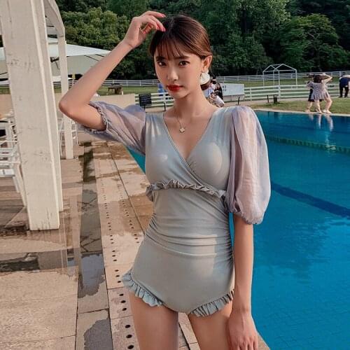 2021 New Sexy Solid Women Swimwear Short Sleeves One Piece Swimsuit Female Bather Bathing Suit Swim Lady Lace Bodysuit Korean