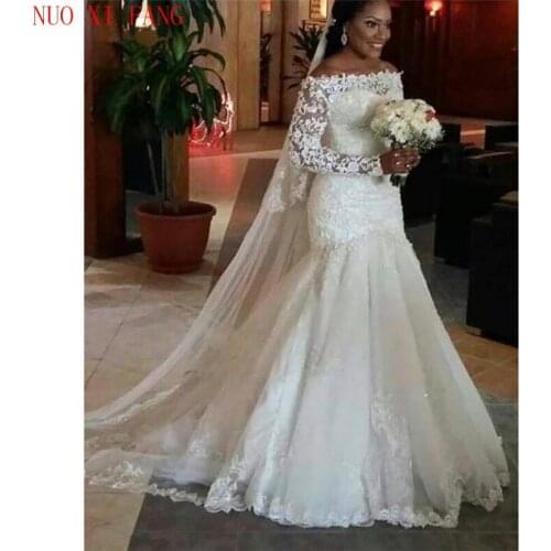 New Long Sleeve Vestido De Noiva Appliques Vintage Off The Shoulder Wedding Dresses 2020 Plus Size Pearls Bridal Wedding Gowns